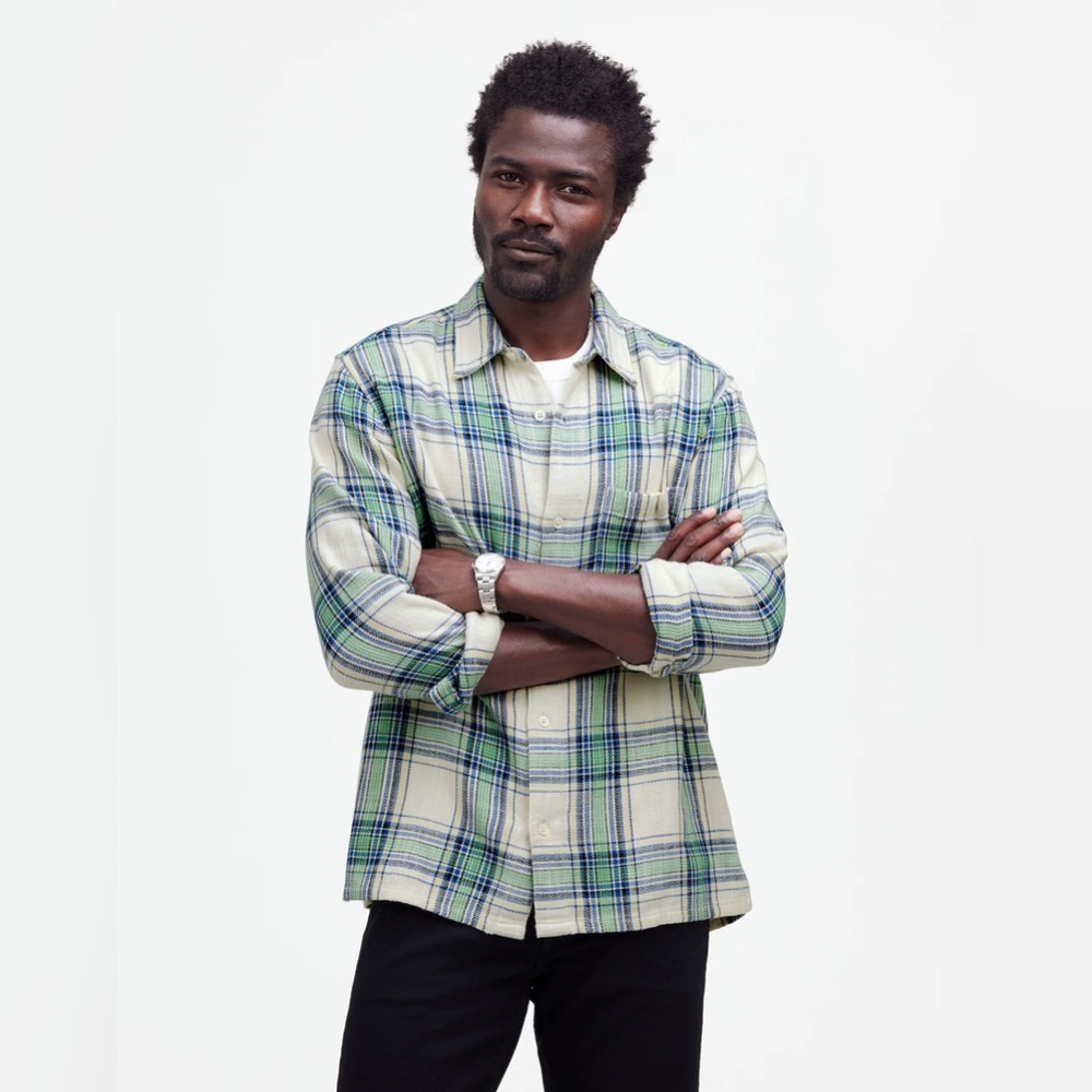 NWT Men's Madewell Easy Long-Sleeve Shirt in Slub Twill - Medium Blue & Green